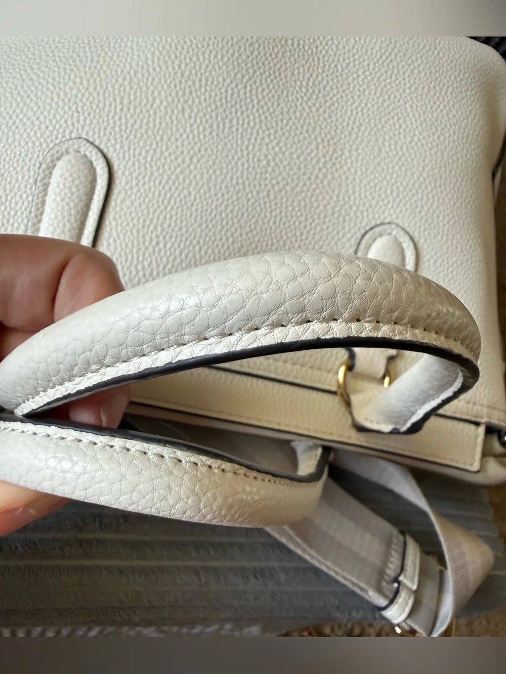 Nanette Lepore White Pebbled Leather Satchel Striped Crossbody Shoulder Strap
